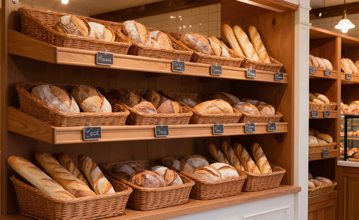 Les paniers d'osier sur les étagères, ardoises manuscrites