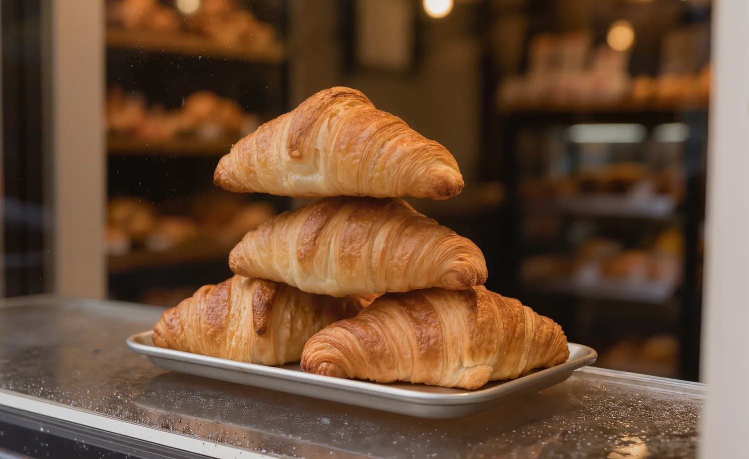 Croissants empilés dans la vitrine, côté rue