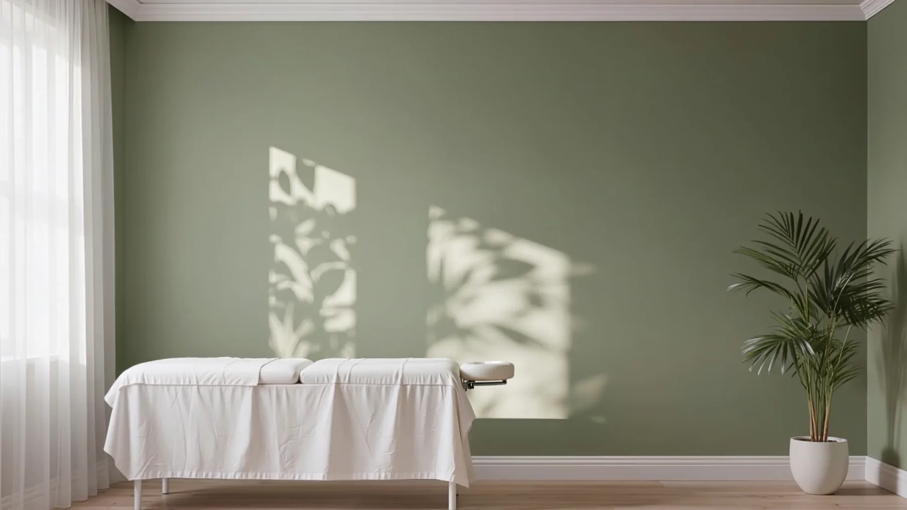 La salle de soin, table drapée de blanc, ombres de feuillage sur le mur