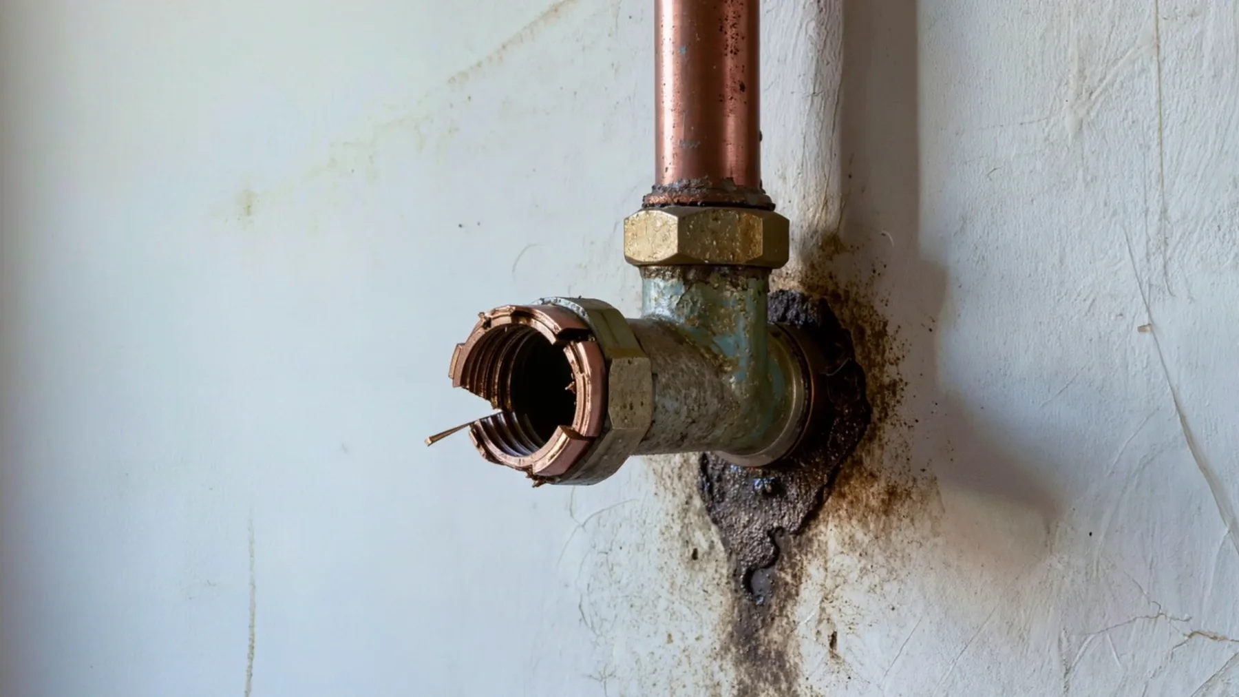 Raccord de cuivre fendu sur un mur taché d'humidité