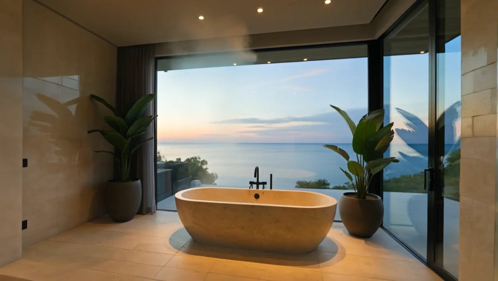 La salle d’eau, sa baignoire îlot devant la baie ouverte sur la mer au crépuscule