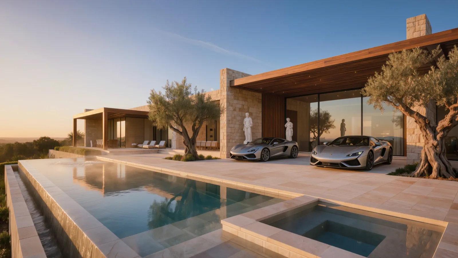 La villa au soleil couchant : la piscine à débordement au premier plan, les oliviers du terrain, deux voitures rangées sous l’auvent