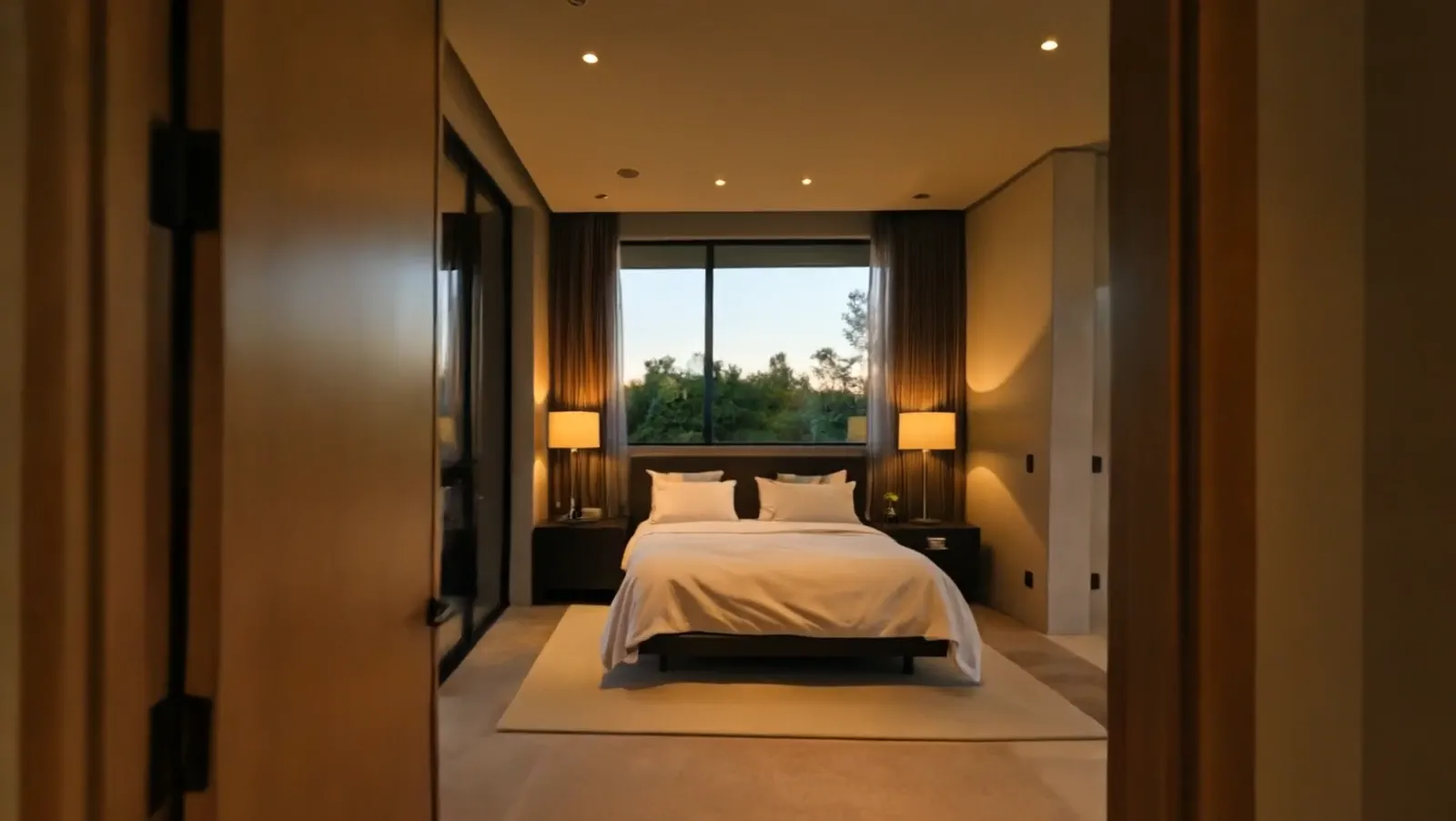 Une chambre, le lit face à la fenêtre, les arbres du terrain au dehors